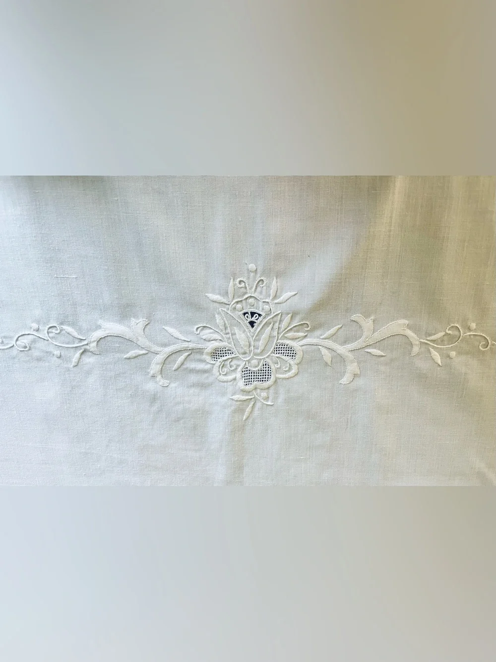 Vintage 1940’s Madeira Tablecloth Linen Hand Embroidered White Flawless 108x72